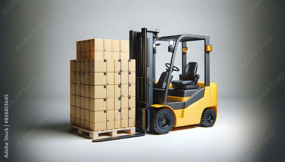 3D Illustration of a Forklift Truck Ready for Operation in a Logistics Warehouse, Yellow Forklift Truck with a Stack of Cardboard Boxes on a Pallet in a 3D Warehouse Scene