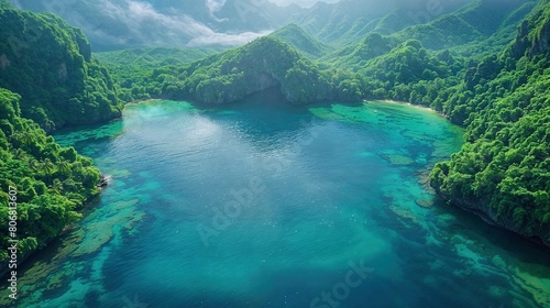 Blue-green lake surrounded by mountains covered with lush green forest © Raveen