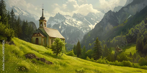 Alpine Landscape with Church: Scenic View of Chapel Amidst Snowy Mountains and Lush Greenery, Tranquil Mountain Scenery, Picturesque Winter Landscape, Generative AI

 photo