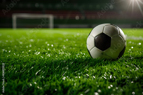 Soccer ball on stadium green grass in a football pitch with a goal in the background with blur effect   athletic field  game day  sports equipment  no people   Sport   spotlight
