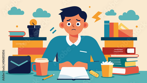A student sitting in a crowded coffee shop surrounded by textbooks and loan statements their face filled with anxiety.. Vector illustration