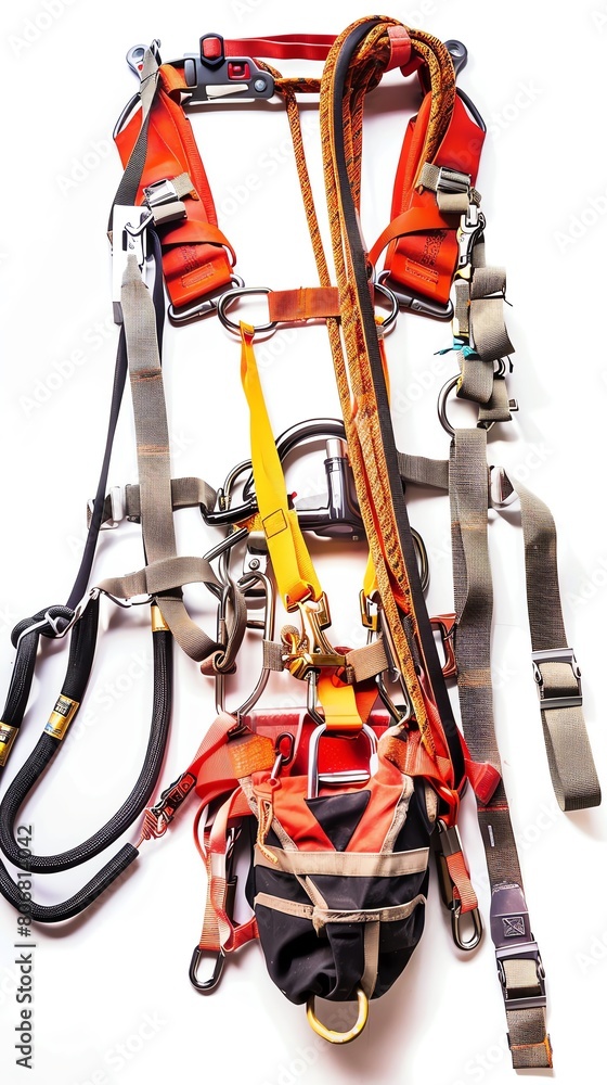 A set of safety harnesses and fall protection equipment, essential for working at height on construction sites A set of safety harnesses and fall protection equipment, essential for working at height on construction sites