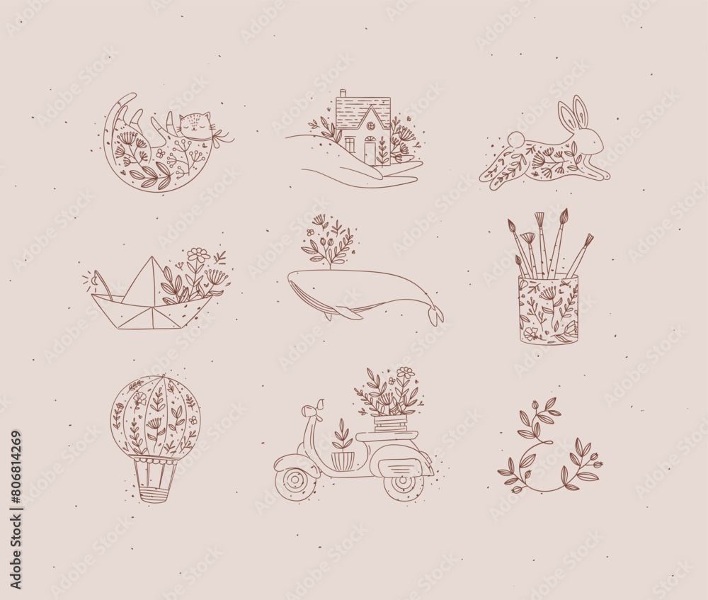 Floral elements house, cat, rabbit, origami boat, whale, glass with brushes, hot air balloon, scooter drawing in hand-drawing style with brown on beige background
