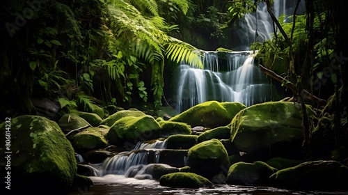 Panoramic view of beautiful waterfall in the rainforest. Long exposure.