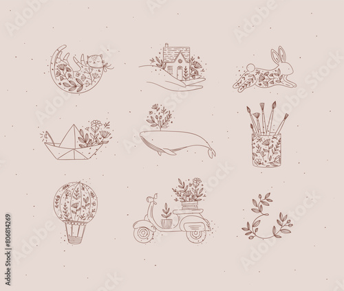 Obraz na płótnie Floral elements house, cat, rabbit, origami boat, whale, glass with brushes, hot air balloon, scooter drawing in hand-drawing style with brown on beige background w salonie