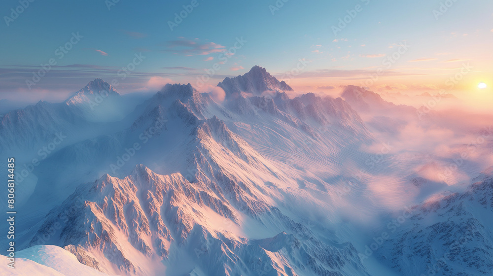 Create an image of a stunning and expansive mountain range covered with glistening snow.