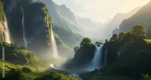 A breathtaking panorama of mountain ranges bathed in soft morning light, their slopes adorned with lush greenery and cascading waterfalls, creating a serene and picturesque landscape. photo