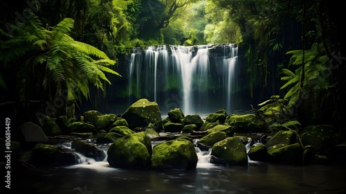 Panorama of a waterfall in a tropical forest. Panoramic image.