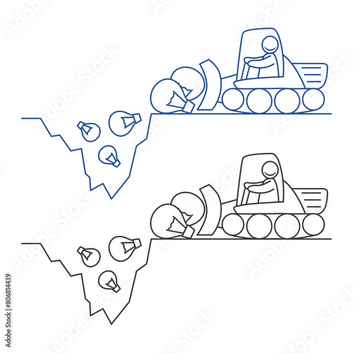 No idea.Throwing away business ideas to trash.A tractor in a landfill.Bulldozer for garbage cleaning.Bad useless thoughts.Unworkable light bulbs.Broken idea.Failure project.Recycling light bulb dump