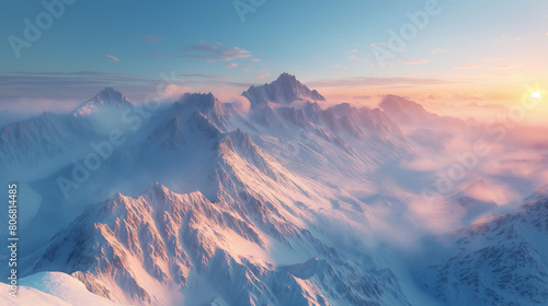 Create an image of a stunning and expansive mountain range covered with glistening snow.