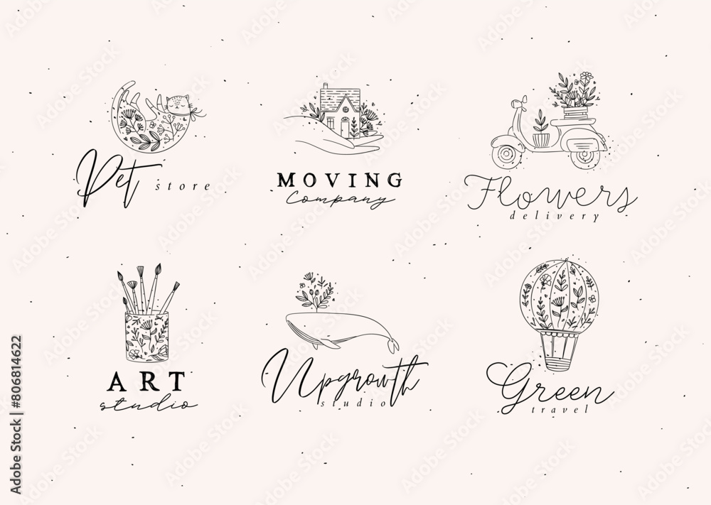 Floral labels house, cat, whale, glass with brushes, hot air balloon, scooter with lettering drawing in hand-drawing style with black on beige background
