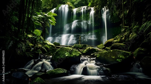 Panoramic view of beautiful waterfall in the rainforest. Long exposure.