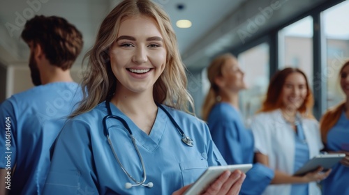 Smiling Nurse Holding Digital Tablet