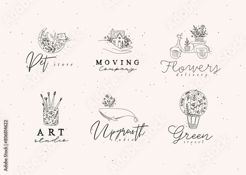 Obraz na płótnie Floral labels house, cat, whale, glass with brushes, hot air balloon, scooter with lettering drawing in hand-drawing style with black on beige background w salonie