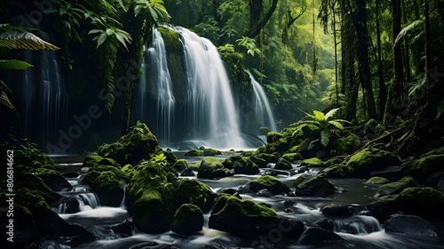 Beautiful waterfall in the rain forest  long exposure  panorama