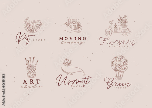 Floral labels house, cat, whale, glass with brushes, hot air balloon, scooter with lettering drawing in hand-drawing style with brown on beige background