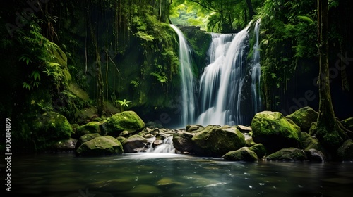 Panoramic view of the beautiful waterfall in the forest  Bali  Indonesia