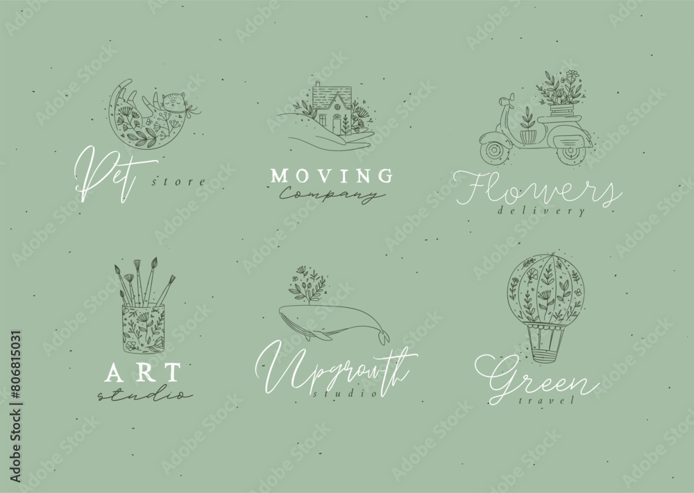 Floral labels house, cat, whale, glass with brushes, hot air balloon, scooter with lettering drawing in hand-drawing style on green background