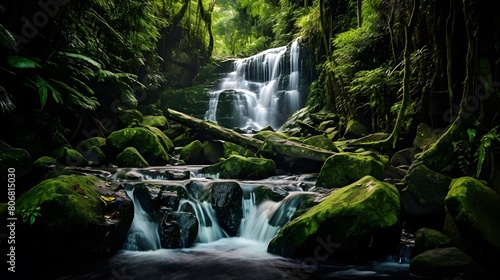 Beautiful waterfall in the tropical forest. Panoramic image.