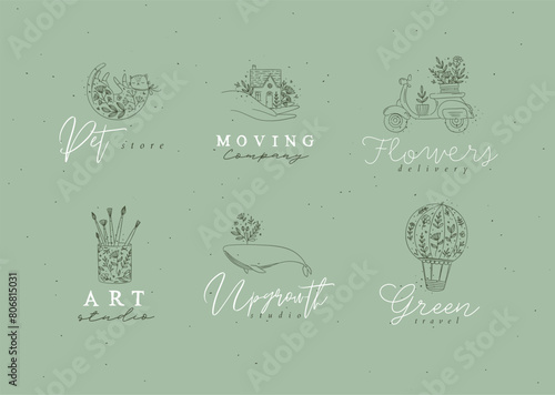 Obraz na płótnie Floral labels house, cat, whale, glass with brushes, hot air balloon, scooter with lettering drawing in hand-drawing style on green background w salonie