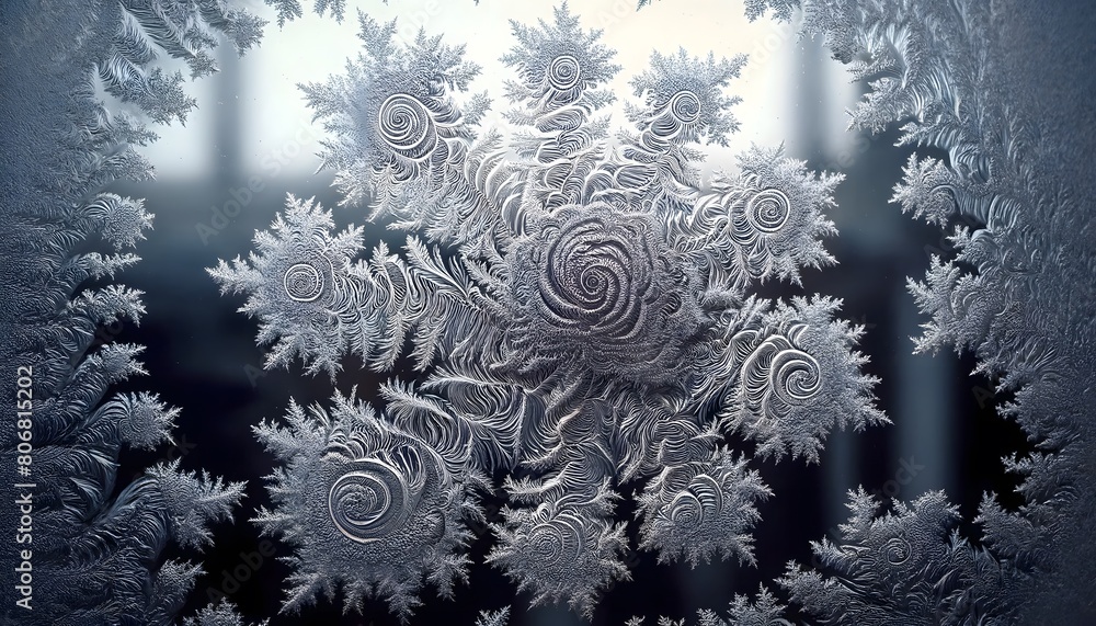 Fractals of ice crystals on a window. Abstract background 