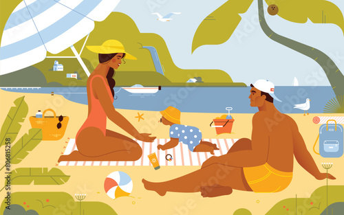 Young family with newborn baby resting on the tropical beach with beautiful sea view. Flat vector illustration