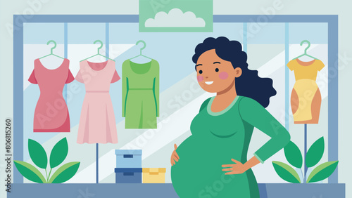 A pregnant woman happily posing in front of a store window filled with ecofriendly and secondhand maternity wear supporting sustainable fashion during. Vector illustration