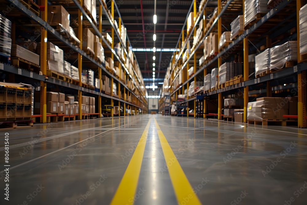 industrial warehouse with high shelves and boxes with yellow safety stripes on the floor
industrial warehouse with high shelves and boxes with yellow safety stripes on the floor