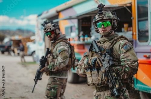 Two Soldiers Clad in Full Gear, Sporting Green Glasses, and Carrying Equipment on Their Backs