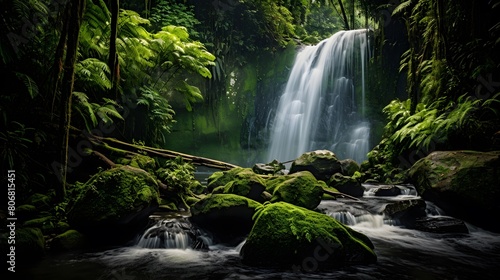 Panorama of a waterfall in the rainforest  Bali  Indonesia