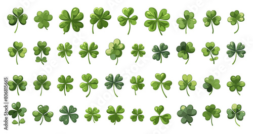 Cartoon Clover Leaf Collection. Lucky Charm. Four-Leaf Clover Illustrations. Vector Cartoon Leaves in Simple Flat Style for Luck  Fortune  Nature  Irish  St. Patrick Day  Greenery  Botanical Themes