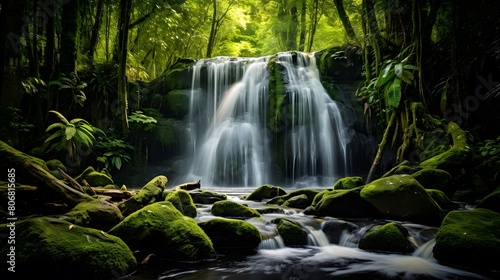 Waterfall in deep tropical rain forest. Panoramic image.