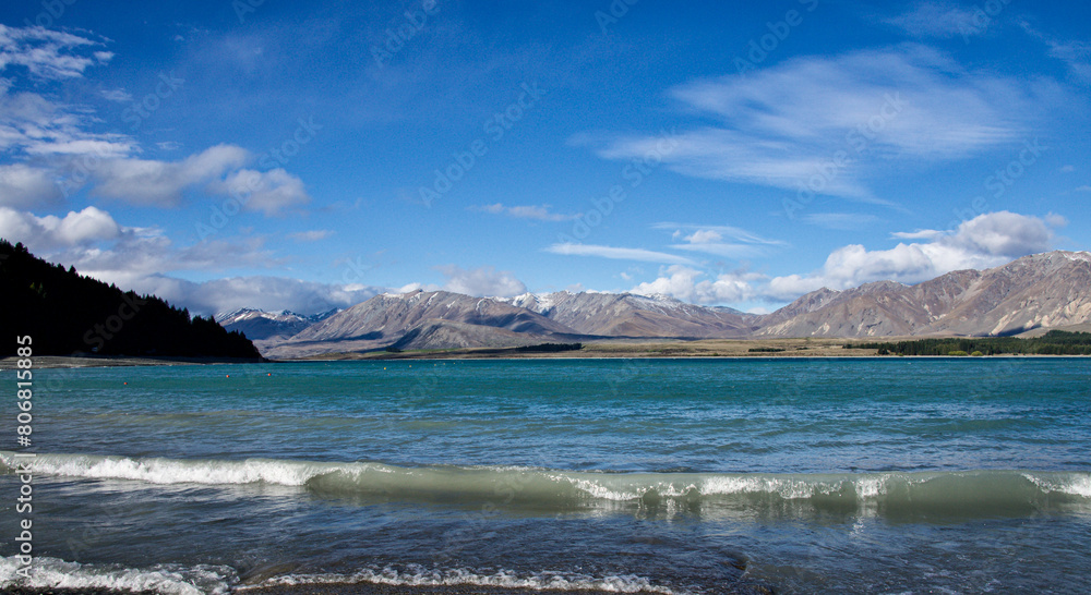 View of Lake Tekapo from the shoreline View of Lake Tekapo from the shoreline