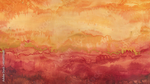 A tie-dye print inspired by the colors of the desert sunset with warm tones of coral terracotta and goldenrod blending together in a harmonious palette that captures the natural beauty a photo