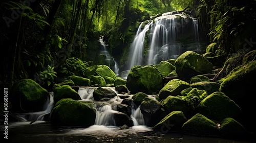 Panorama of a waterfall in a tropical rainforest  long exposure