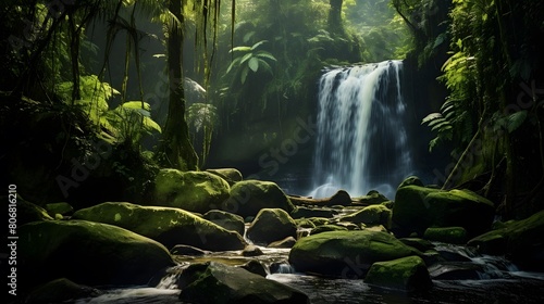 Panoramic view of a waterfall in a tropical rainforest.