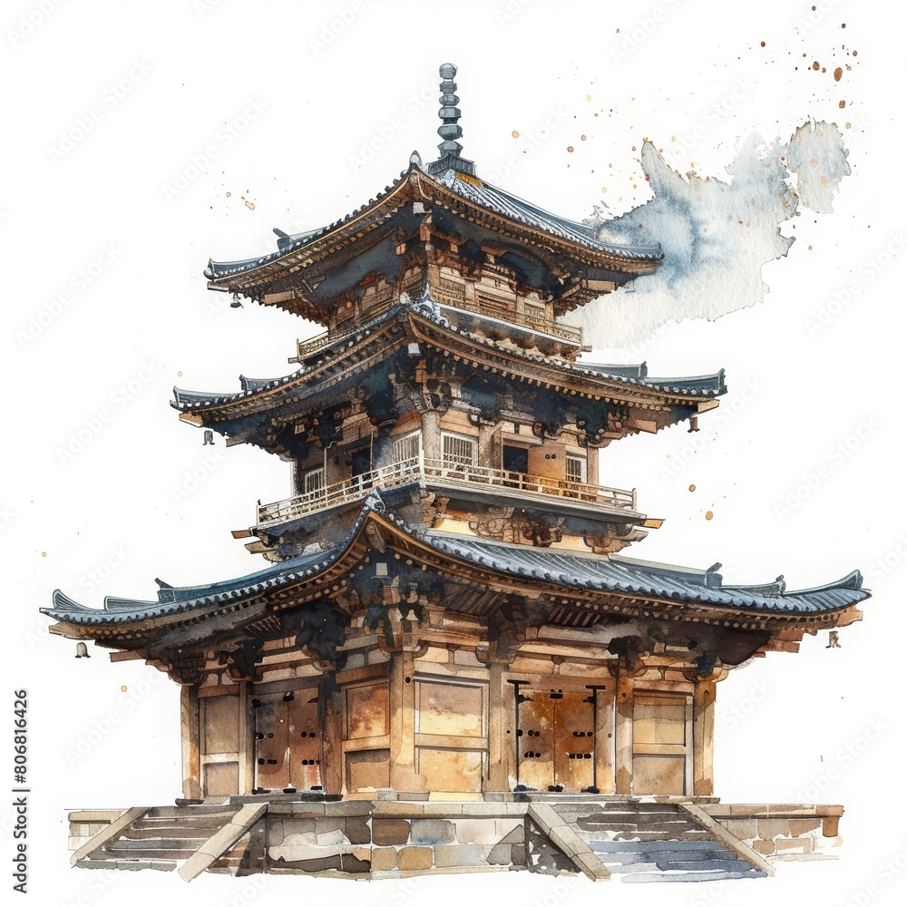 A beautiful watercolor of an ancient temple, its detailed architecture standing proudly isolated with a white background A beautiful watercolor of an ancient temple, its detailed architecture standing proudly isolated with a white background