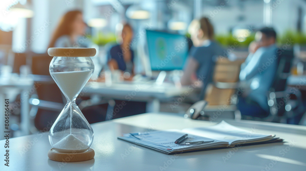Close up of hourglass on a desk in an office with people working behind on blurred background Close up of hourglass on a desk in an office with people working behind on blurred background