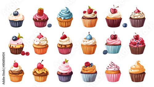 Cartoon Cupcakes. Isolated Cartoon Cute Cupcakes on White Background. Delicious Dessert Treats. Vector Icon Set of Cartoon Cupcakes in Simple Flat Style for Bakery, Dessert, and Sweet Treat Themes