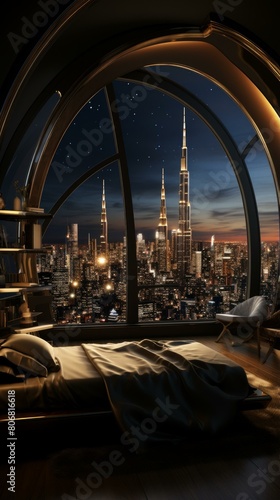 A bedroom with a view of the Burj Khalifa