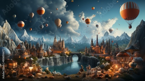 Fantasy castle with hot air balloons flying over it