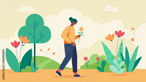 A person taking a leisurely walk through a scenic garden smelling the flowers and feeling the grass beneath their feet without the distraction of.