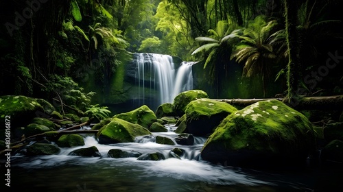 Panorama of a beautiful waterfall in the rainforest of New Zealand