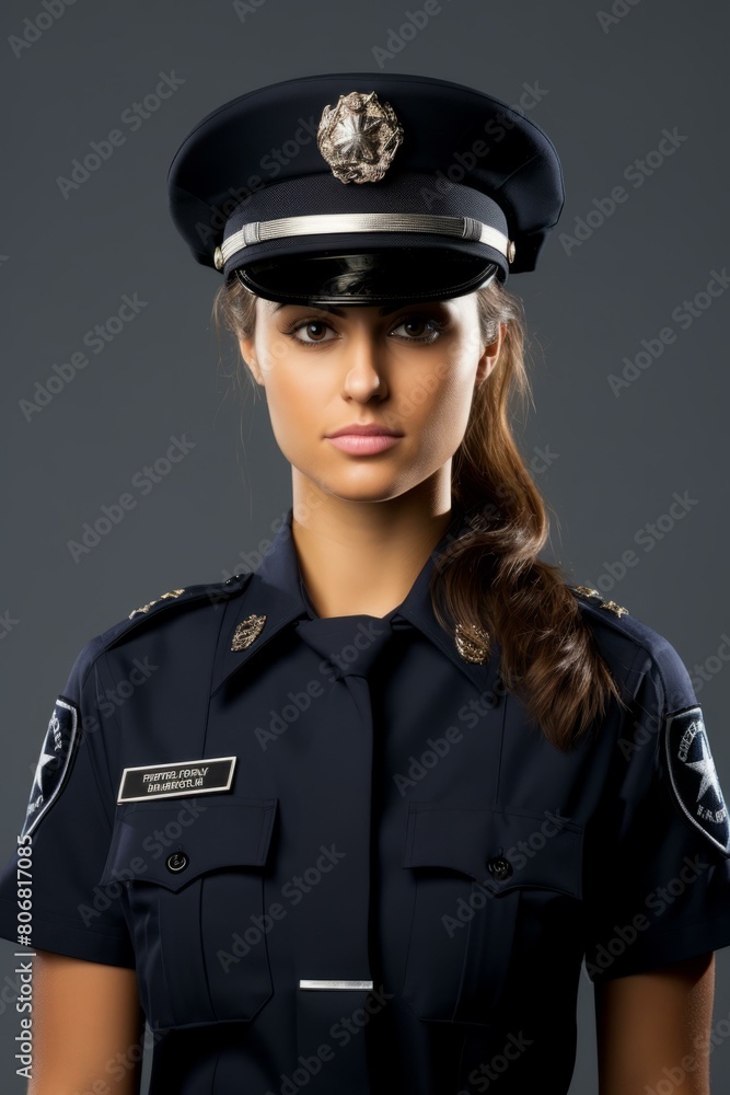 A policewoman in uniform with a serious expression on her face A policewoman in uniform with a serious expression on her face