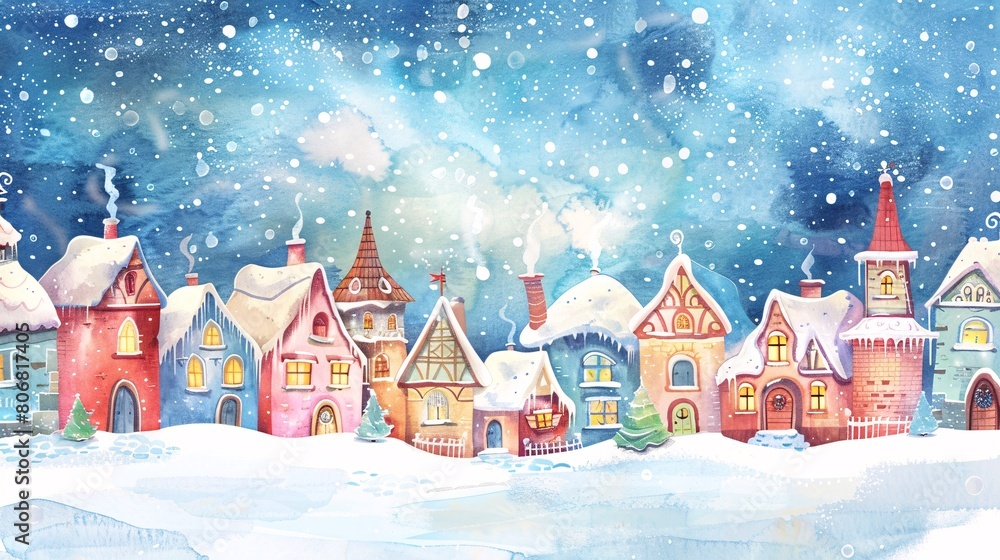 watercolor cartoon of small town with snow falling in winter season watercolor cartoon of small town with snow falling in winter season