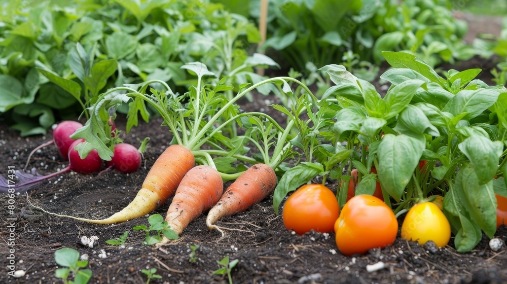 Fresh garden vegetables including carrots, tomatoes, lettuce, and peppers on the ground Fresh garden vegetables including carrots, tomatoes, lettuce, and peppers on the ground
