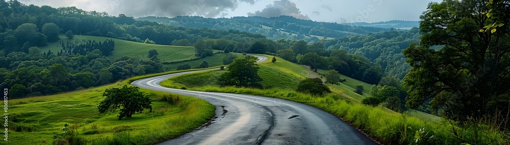 Winding Rural Road Cutting Through Lush,Verdant Countryside with Rolling Hills and Vibrant Forests Lining the Way,Capturing the Expansive,Tranquil