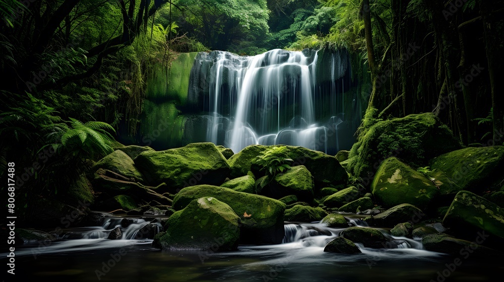Beautiful waterfall in the deep forest. Panoramic image.