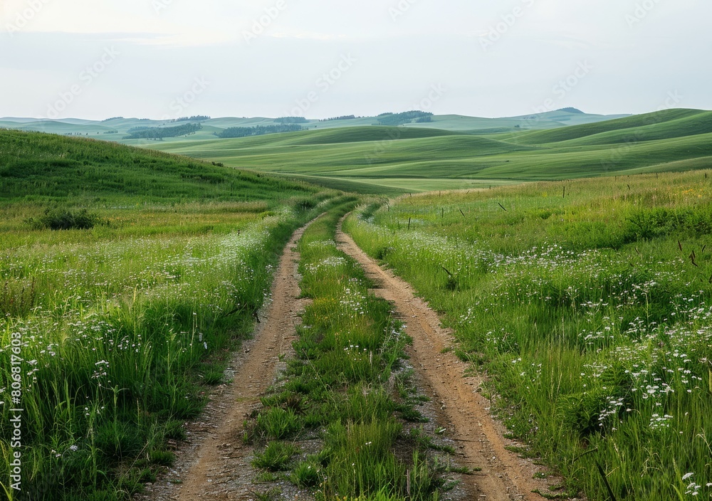 Dirt road through a lush green grassy field with rolling hills in the distance