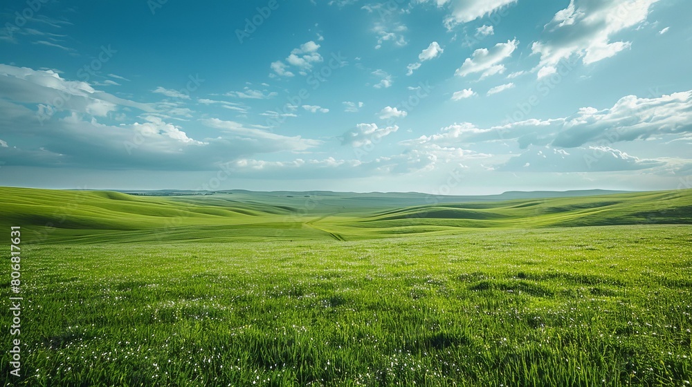 Fototapeta premium Landscape of green hills and blue sky with clouds